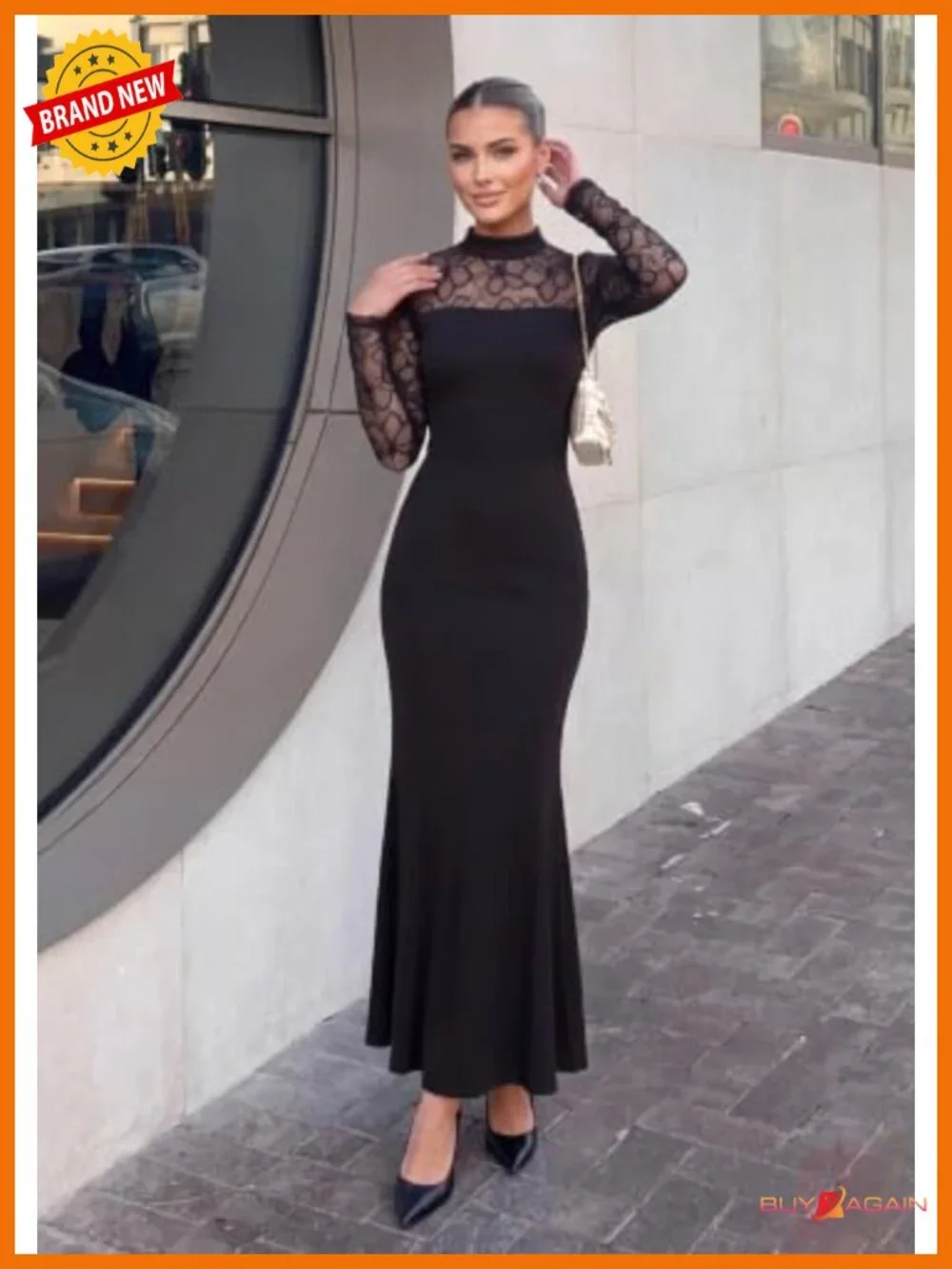 Lace Sheer Bodycon Maxi Dress Mock Neck Mermaid Semi Formal